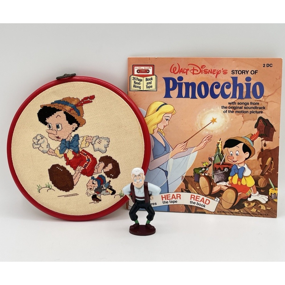 Vintage Disney Pinocchio lot Cross Stitch Embroidery Story Book Geppetto figure‎